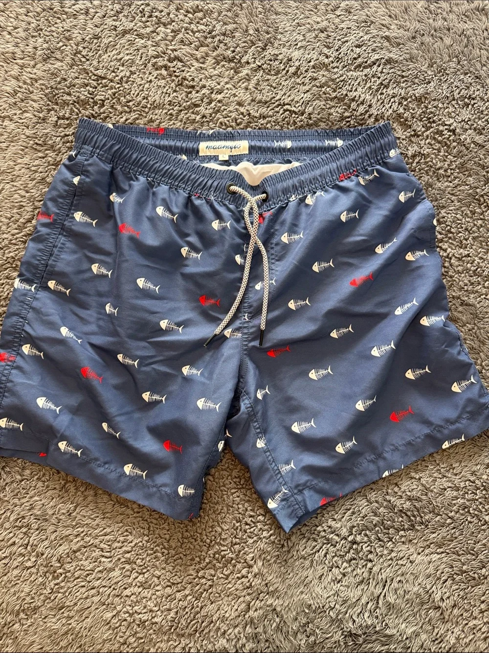 Men's Navy Fish-Print Swim Trunks with Red & White Accents